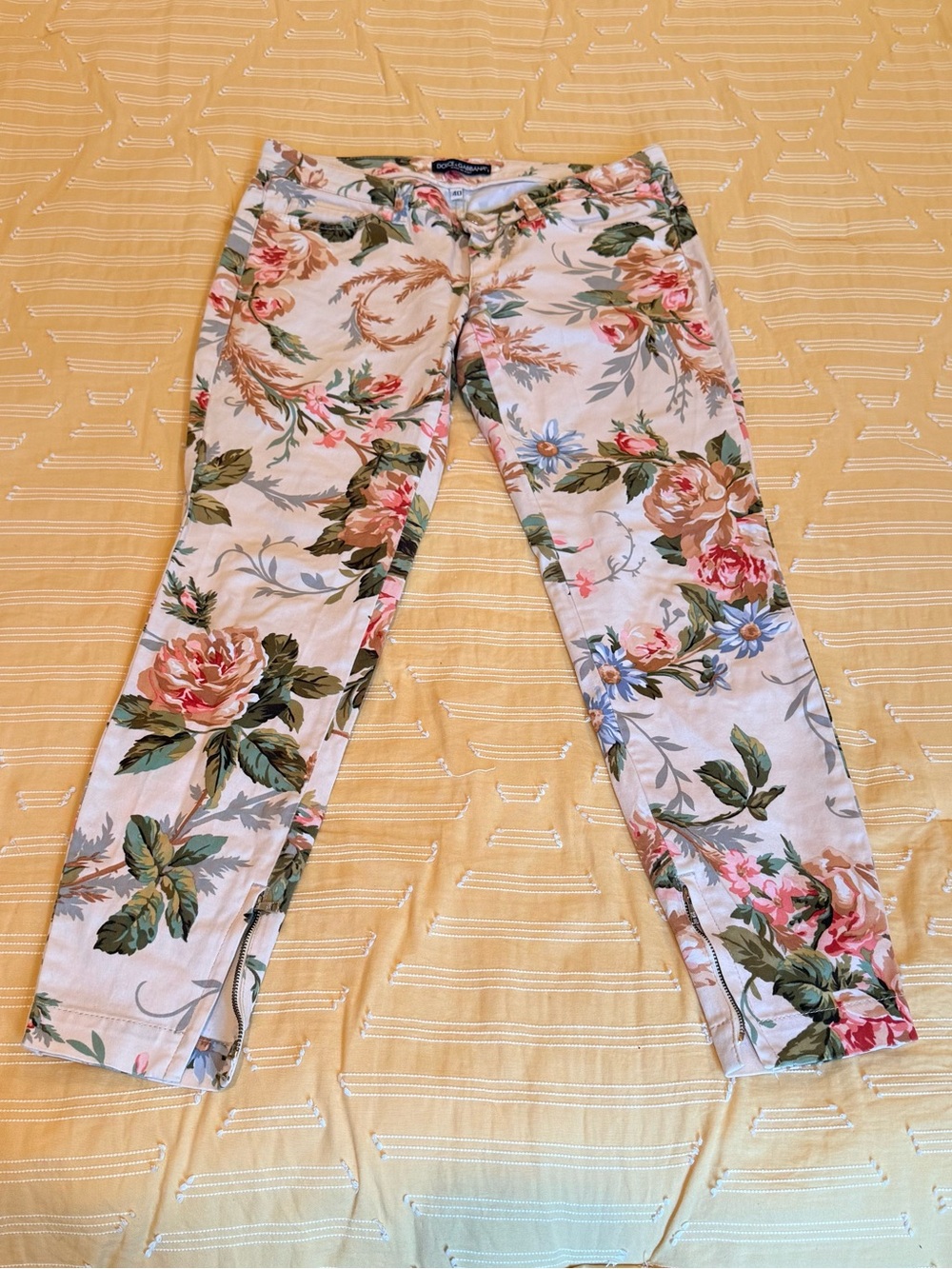 Dolce & Gabbana Vintage Cream Floral Slim Pants with Green & Pink Accents